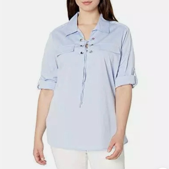 Calvin Klein Lace Up Blouse Shirt Roll Tab Sleeve Chambray Blue 3X Retail 79 NWT - Picture 1 of 10
